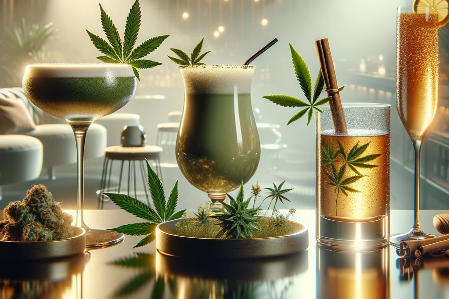 Refreshing cannabis-infused drinks garnished with sprigs of leaf weed