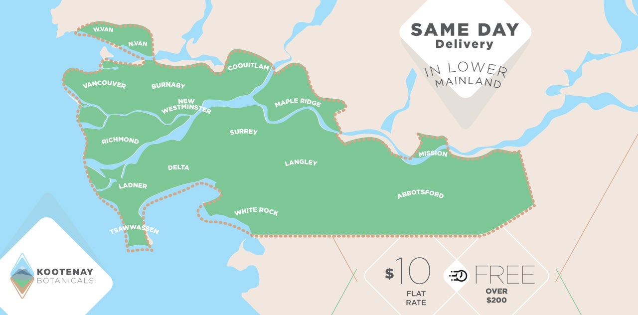 Map of same-day weed delivery in Abbotsford, BC. include entire greater vancouver region and parts of Fraser Valley.