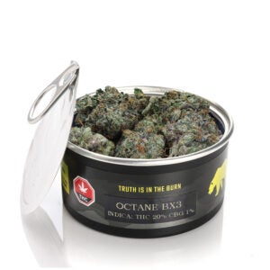 Skookum's Octane BX3 craft cannabis in special tin cans. 