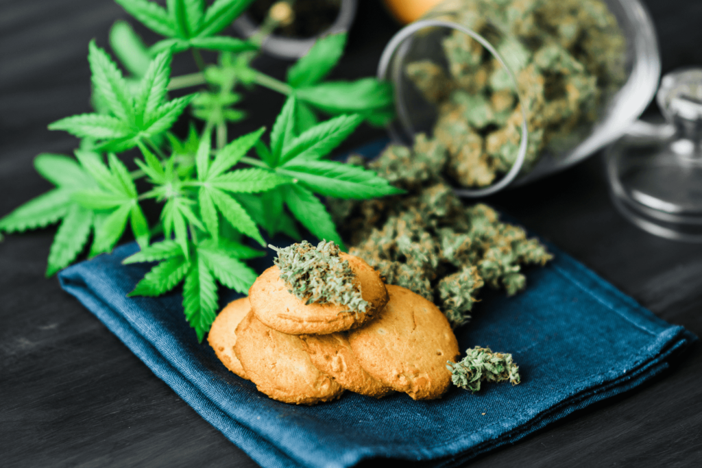 Tasty looking weed cookies covered with gorgeous green cannabis buds