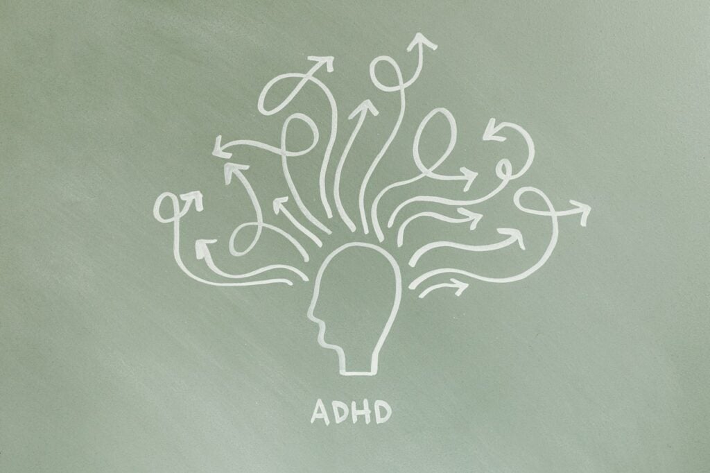 Visual representation of ADHD. Many arrows point outwardfrom a drawing of the head.