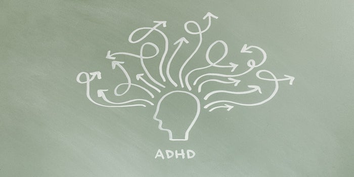 Visual representation of ADHD. Many arrows point outwardfrom a drawing of the head.