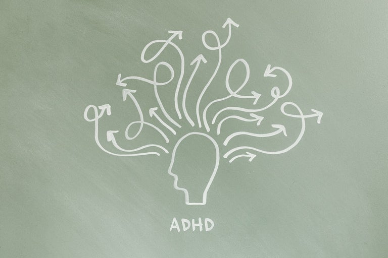 Visual representation of ADHD. Many arrows point outwardfrom a drawing of the head.