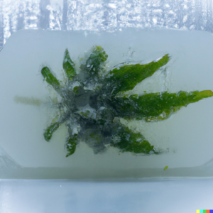 Frozen cannabis leaf. Cannabis leaf is encased in a block of ice.