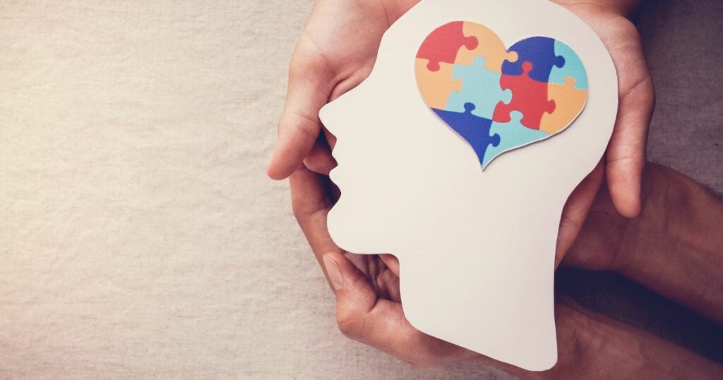 Picture of a cardboard head with a heart-shaped brain. It depicts a healthy mind.
