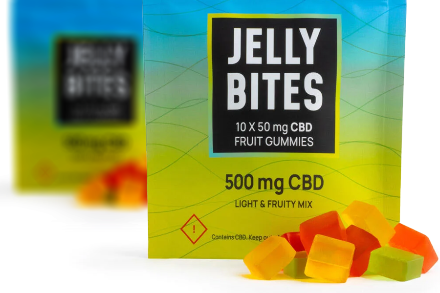 Packaged cannabis-infused Jelly Bites with clear labeling of CBD content, emphasizing safety and transparency