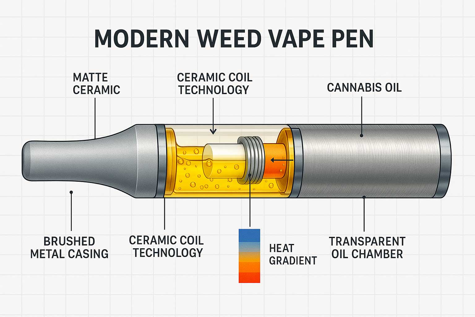 Scientific diagram showing a cross-section of a modern weed vape pen with labeled ceramic coil, steel wire, golden cannabis oil, heat gradients, ceramic parts, brushed metal casing, and transparent oil chamber, displayed on a white technical grid background.