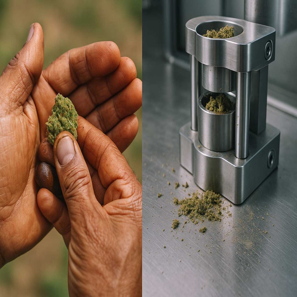 Side-by-side comparison of traditional hand-rolling charas from live cannabis buds and modern mechanical hash extraction, highlighting weathered hands, sticky resin, and a stainless-steel machine on a metal workbench, illustrating the contrast between manual and industrial hash production methods.