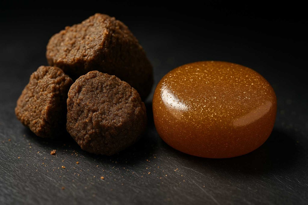 Macro photo showing traditional hashish and BC craft cannabis hash side by side on slate. The traditional hash is dark, dense, and hand-pressed, while BC craft hash is glossy and golden with visible trichomes, highlighting artisanal quality and texture differences.