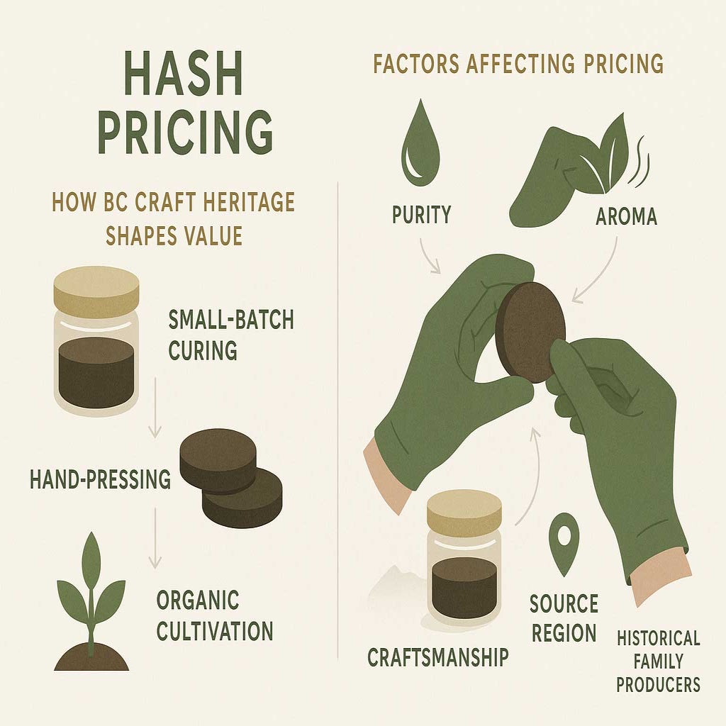 Educational infographic showing BC craft hash pricing, with illustrated hash jars and artisan hands inspecting product. Visual flow depicts traditional production steps and pricing factors like purity, aroma, craftsmanship, and heritage, all labelled and colour-coded in earthy tones on a modern, minimalist background.