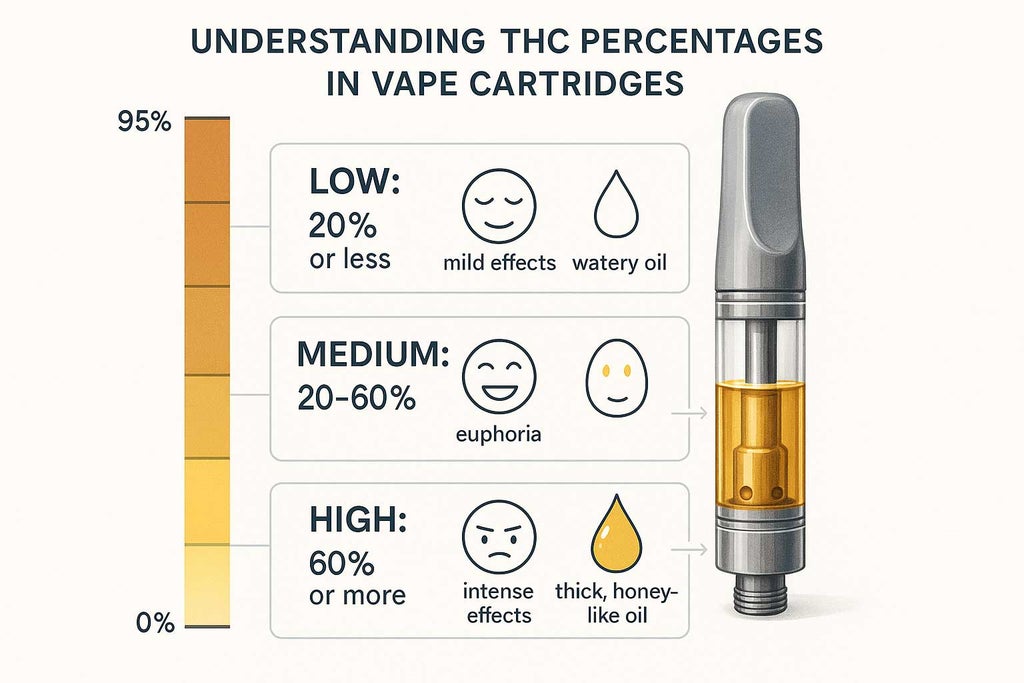 Infographic showing a detailed vape cartridge cross-section, THC percentage gradient bar, descriptive captions of effects at low to high THC levels, and vector illustrations depicting oil viscosity changes; icons illustrate calm, euphoria, and intense effects, all arranged with a clear layout and accessible design.
