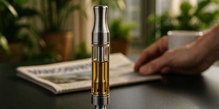 A clear cannabis vape cartridge filled with golden oil rests on a matte-black surface in a sunlit Vancouver apartment, surrounded by greenery, a hand, a newspaper, and a mug, highlighting relaxation and lifestyle integration in British Columbia.