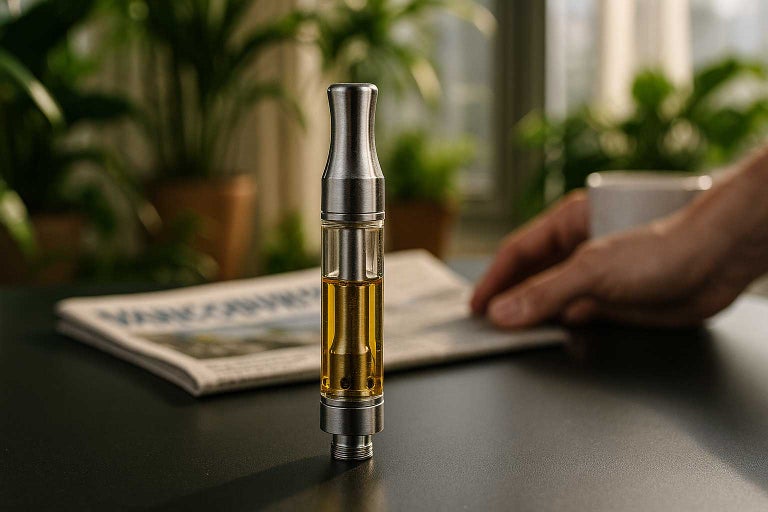A clear cannabis vape cartridge filled with golden oil rests on a matte-black surface in a sunlit Vancouver apartment, surrounded by greenery, a hand, a newspaper, and a mug, highlighting relaxation and lifestyle integration in British Columbia.