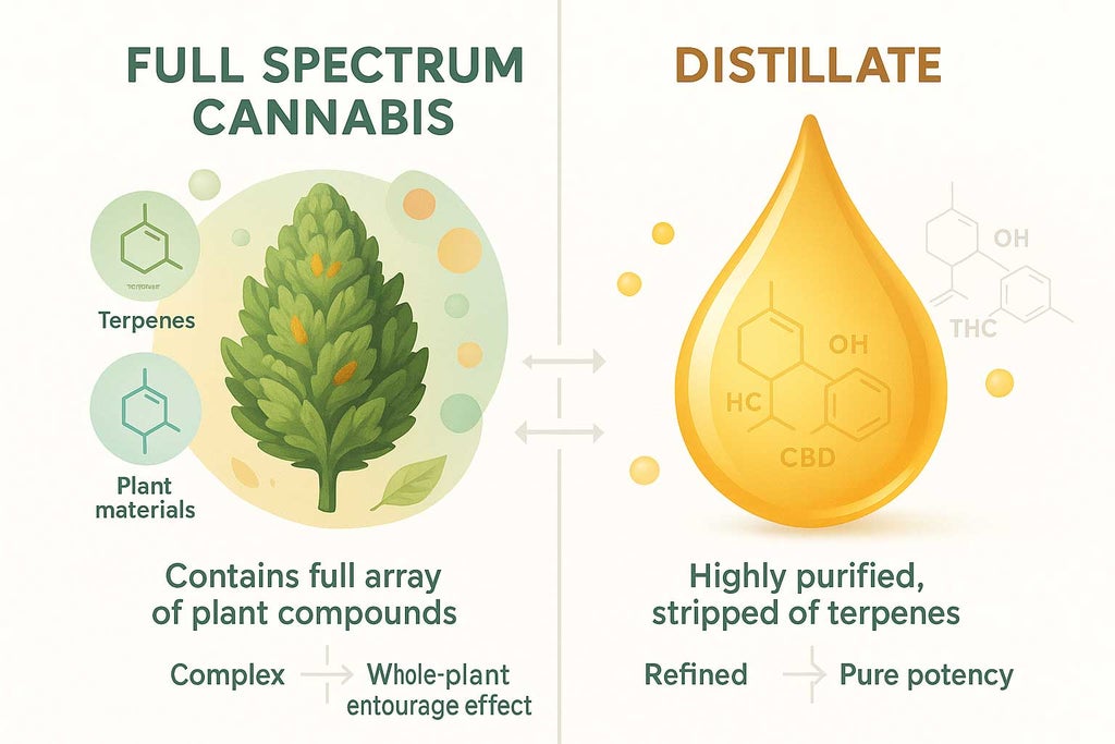 Educational infographic comparing full spectrum cannabis and distillate. Left shows a cannabis bud with icons for terpenes and cannabinoids; right shows a golden distillate droplet with molecule icons.