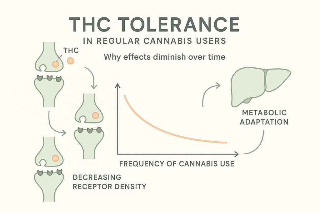 Minimalist infographic illustrating THC tolerance: brain synapse diagrams show reduced cannabinoid receptors, a timeline chart compares cannabis use frequency to effect intensity, and a liver icon explains metabolic adaptation.