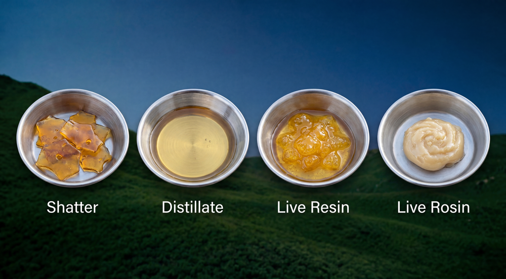 Cannabis concentrates compared: shatter, distillate, live resin, and live rosin
