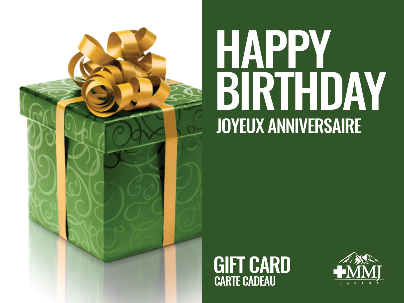 text reads Happy Birthday on green background, image of a green gift box with a gold ribbon