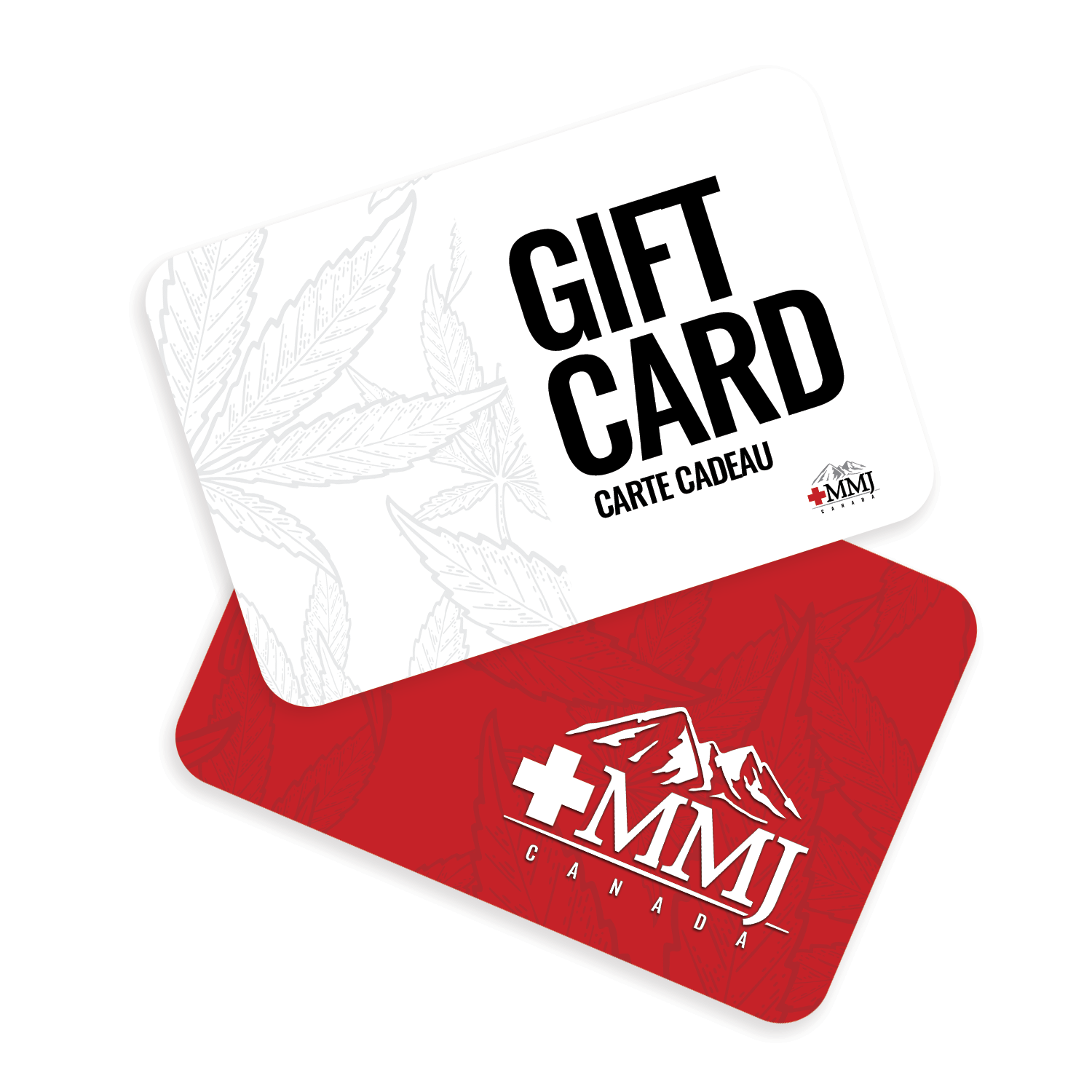 White Gift Card with faint cannabis leaves and black text "Gift Card" red backside