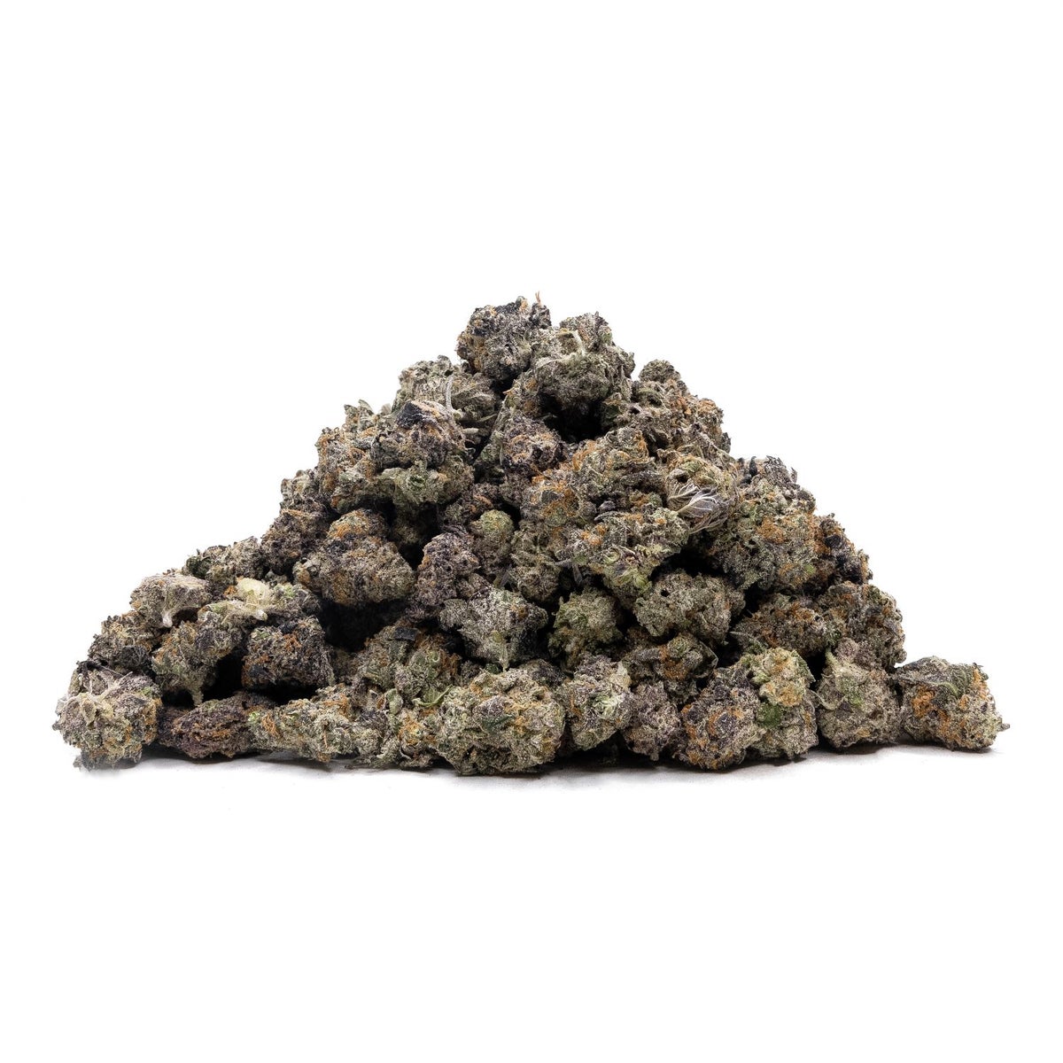 a pile of small appleicious buds, dark forest green with deep purple throughout, hints of orange pistols covered with trichomes
