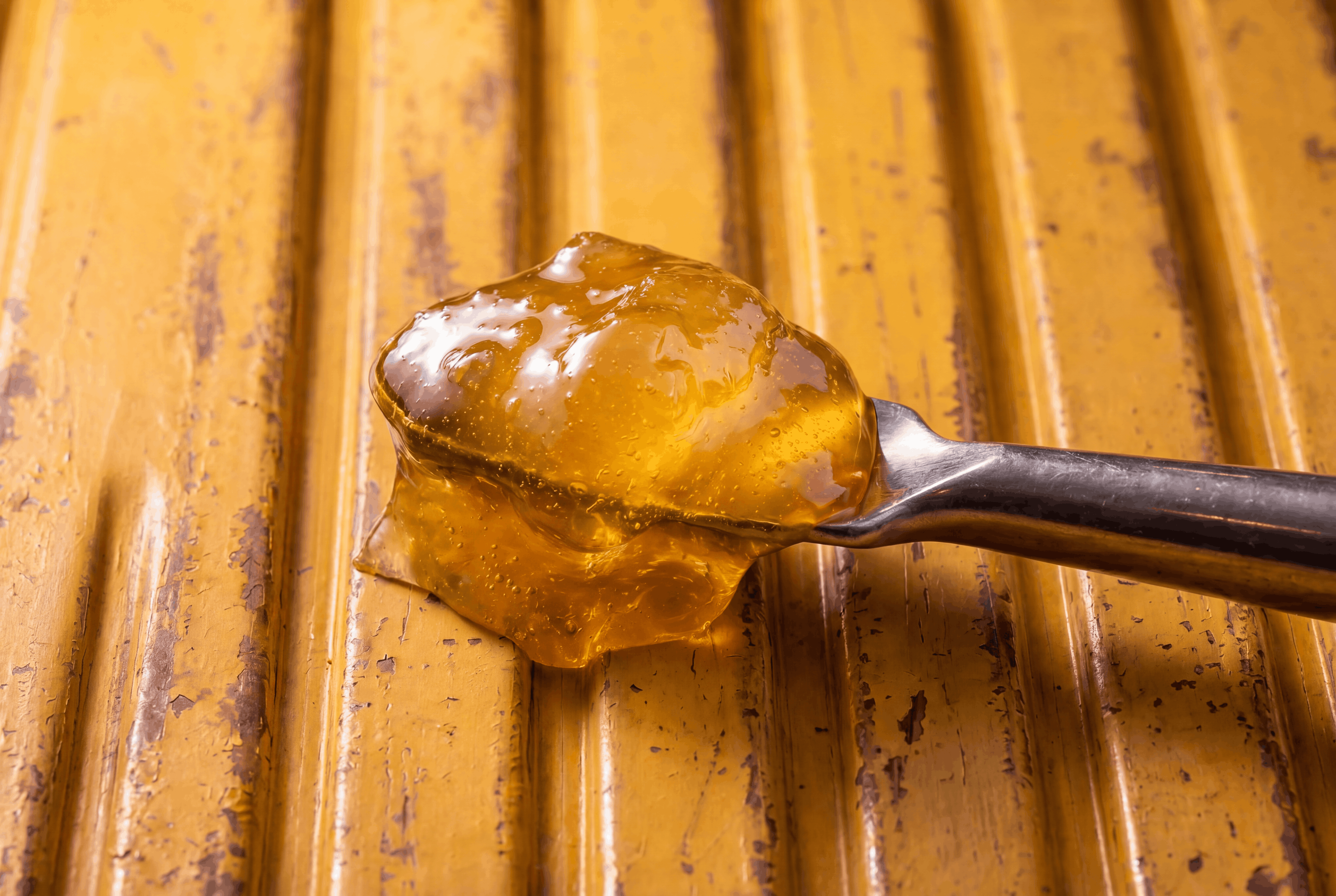 Glossy golden live resin on a dab tool showing its terpene-rich sauce texture