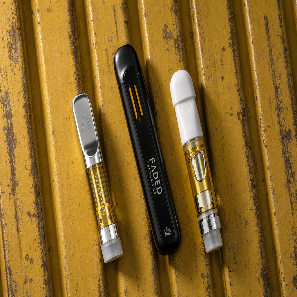 Three Pot Cargo Canada disposable weed vape pens compared side by side showing different sizes and oil colours