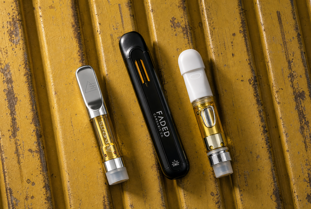 Three Pot Cargo Canada disposable weed vape pens compared side by side showing different sizes and oil colours