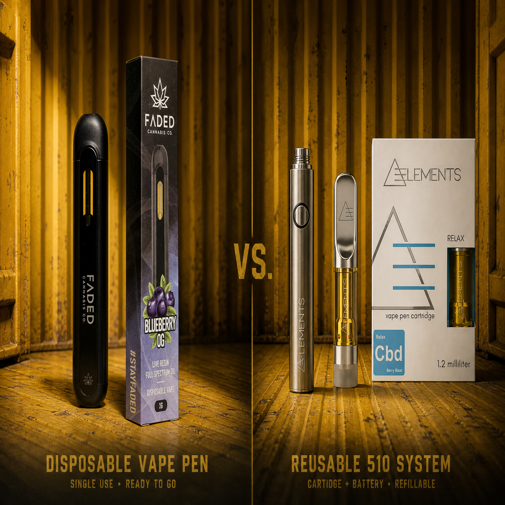 Disposable vape pen next to a reusable 510 battery and screw-on cartridge