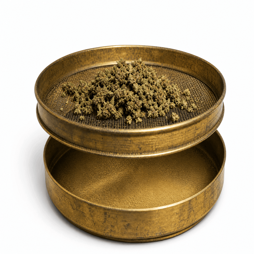 Dried cannabis being sieved over a mesh screen to collect kief for making hash
