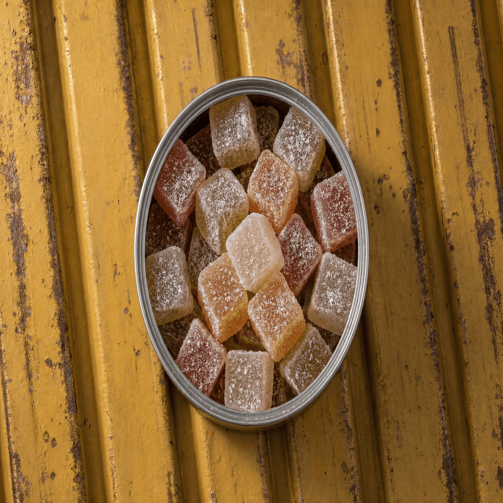 Cannabis gummy edibles in a tin jar