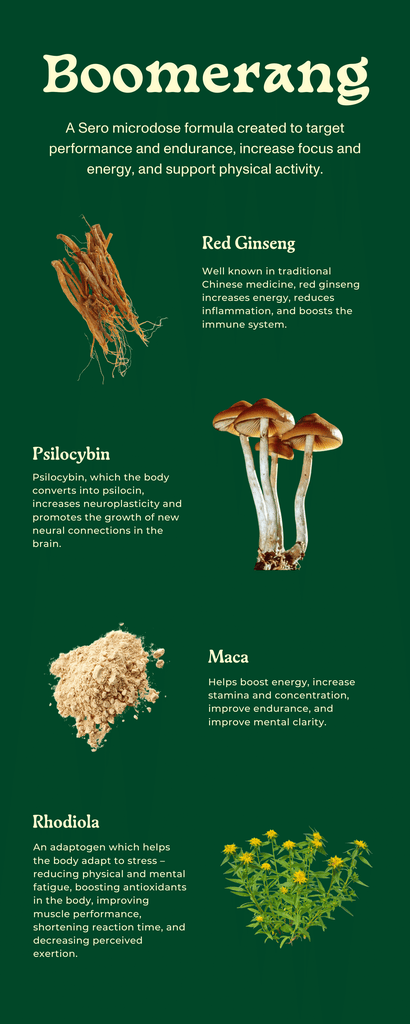 microdosing psilocybin for exercise - sero's boomerang ingredients - red ginseng, golden teach, maca, rhodiola