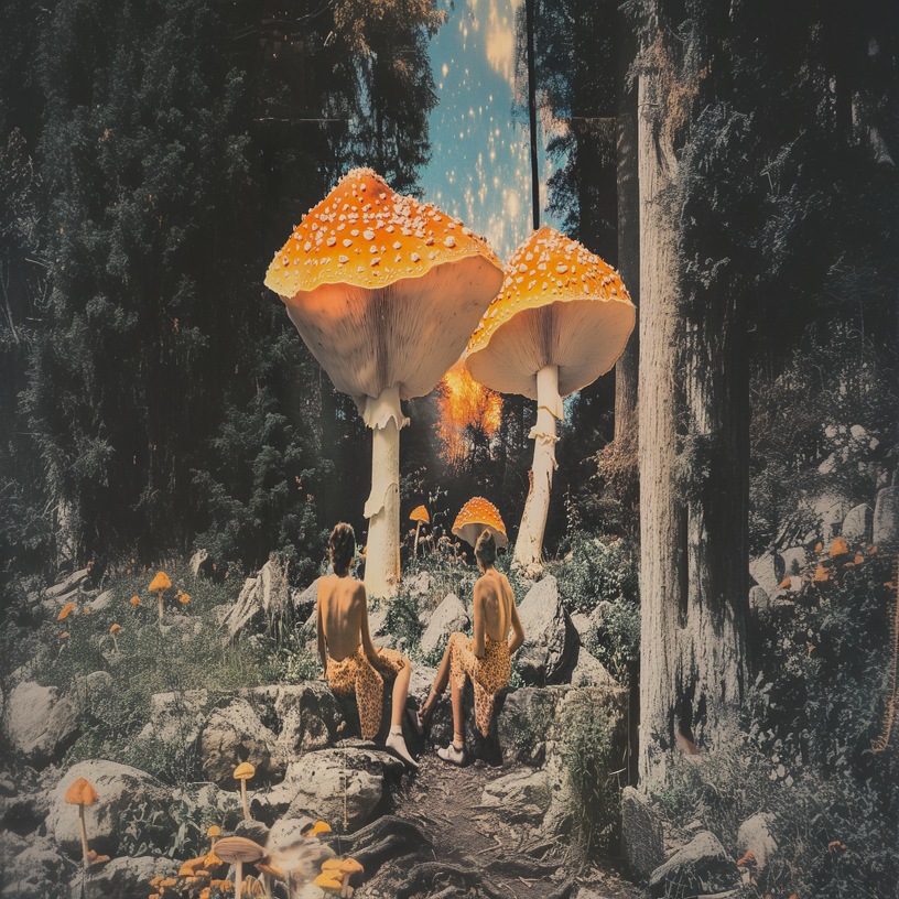 people sitting in magic mushroom forest with toronto skyline in the back