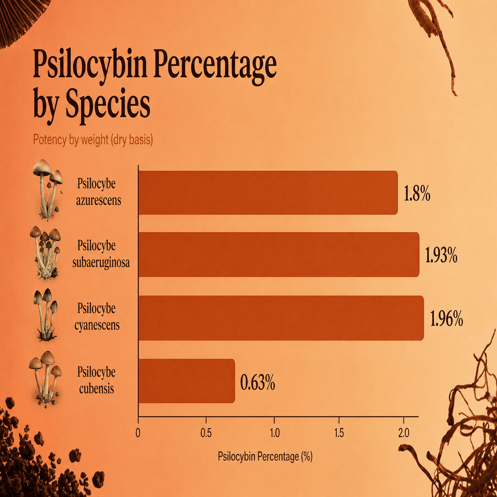 Bar chart ranking the most potent psychedelic mushroom strains by psilocybin content