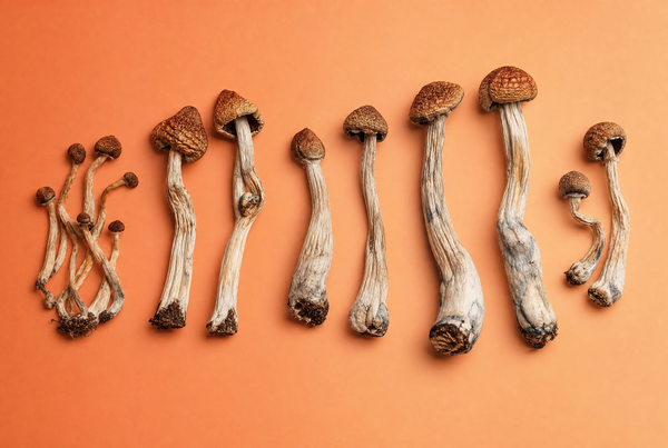 Different psilocybin mushroom strains arranged to compare potency and appearance