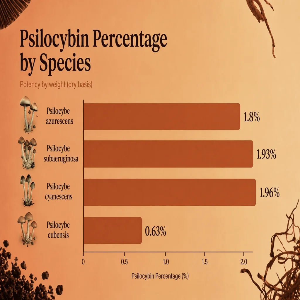 Bar chart ranking the most potent psychedelic mushroom strains by