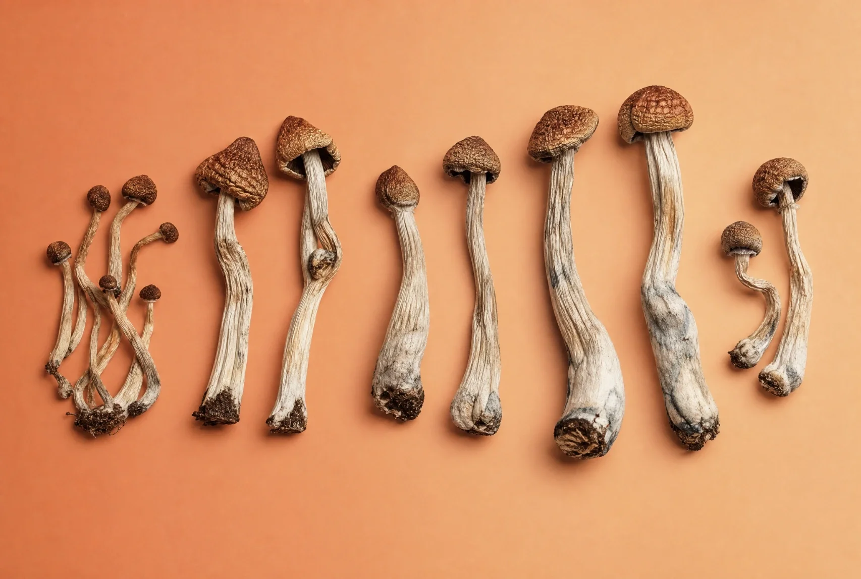 Different psilocybin mushroom strains arranged to compare potency and appearance