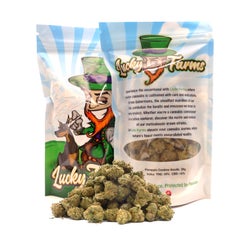 Lucky Farms Pineapple Cookies cannabis pouch with a green top hat mascot illustration