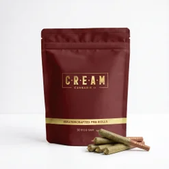 Closed C.R.E.A.M-branded maroon pre-roll pouch standing upright, 50-pack size