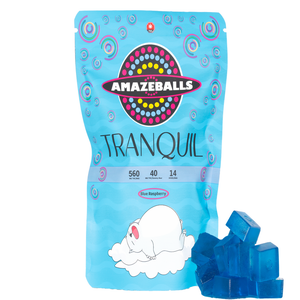 Amazeballs Tranquil Blue Raspberry Packaging and Product Side by Side
