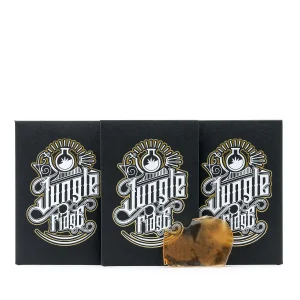 Three black Jungle Ridge Shatter boxes standing side by side with a small amber shatter piece in front