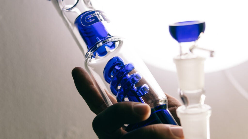 blue ring percolators in a glass bong.