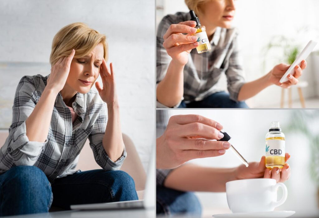 mature woman with migraine caused by anxiety adds cbd oil to her drink as remedy