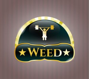 A logo with a man weightlifting with the text weed underneath