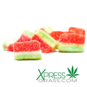 Mota Sour Watermelon THC gummies. Gummies coloured red, white and green to represent a watermelon fruit.