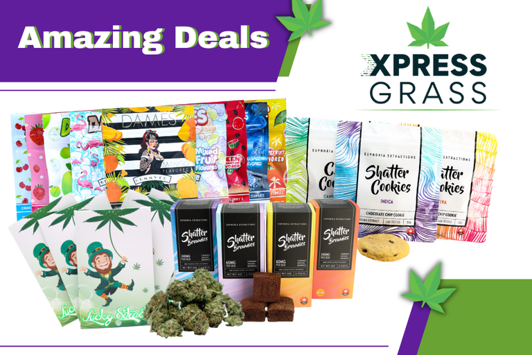 This image features products from our marijuana dispensary such as edible gummies, chocolate chip cookies, chocolate brownies, shatter and weed flower.