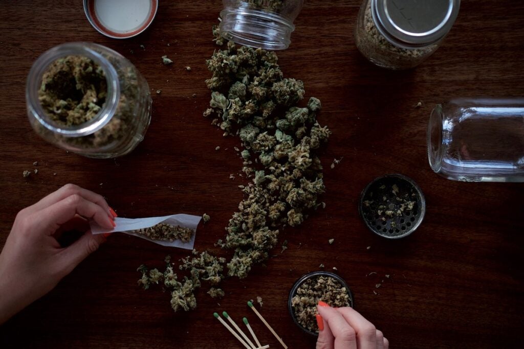 Packing a cannabis joint on a table. The jug that contained the weed buds has been tipped over and is overflowing on the table under it. Two hands are taking from a grinder next to it to make a joint.