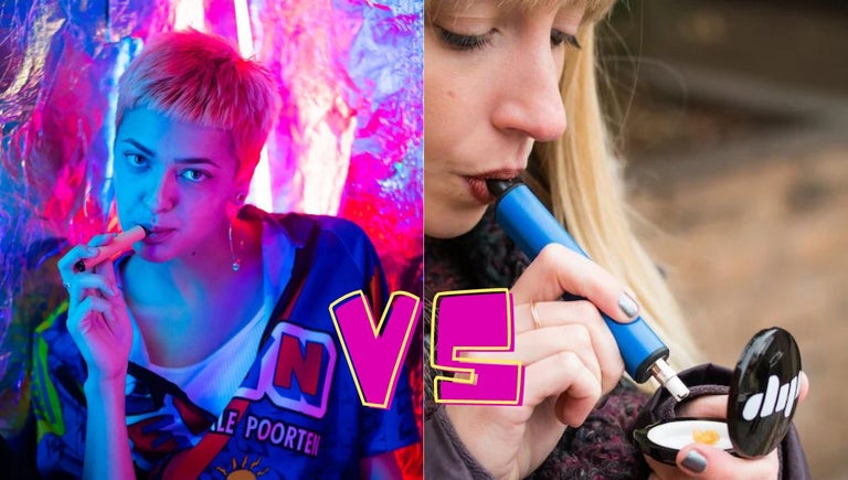 Comparison of a young woman using a vape pen on the left and a young woman using a dab pen on the right.