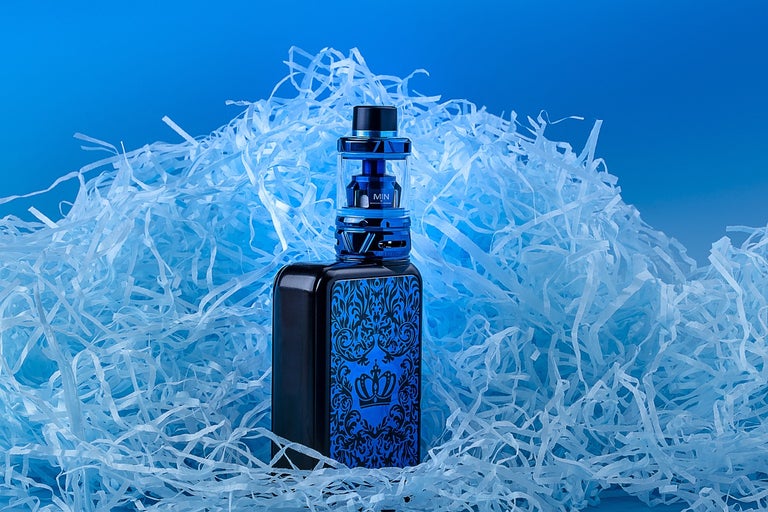 Blue vape box, a nicotine vape with a box shaped handle with a bulky mouth piece.
