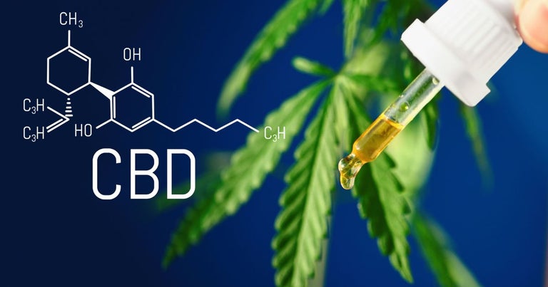 CBD product that is THC free. A syringe with a cannabis leaf in the background and the chemical composition of CBD drawn next to it.