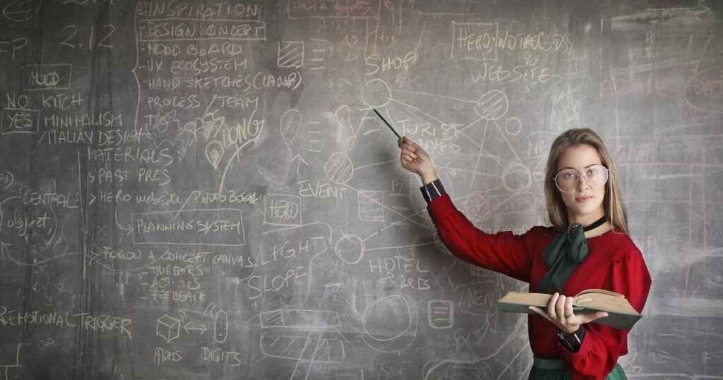 Teacher in front of a blackboard. 