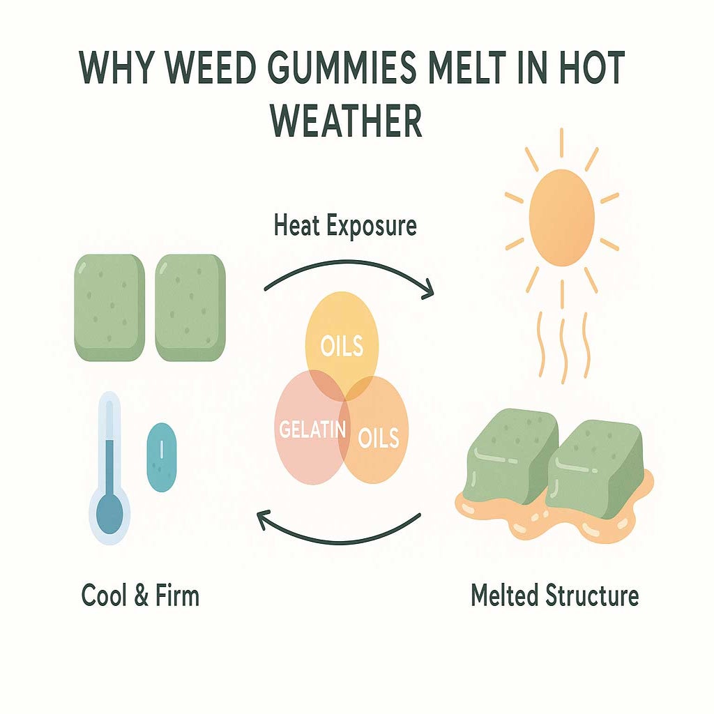 Minimalist infographic showing weed gummies melting under heat. Features intact and melted gummies, a sun with heat lines, ingredient breakdown of gelatin, sugar, oils, and diagrams illustrating the transition from solid to liquid as temperature rises.